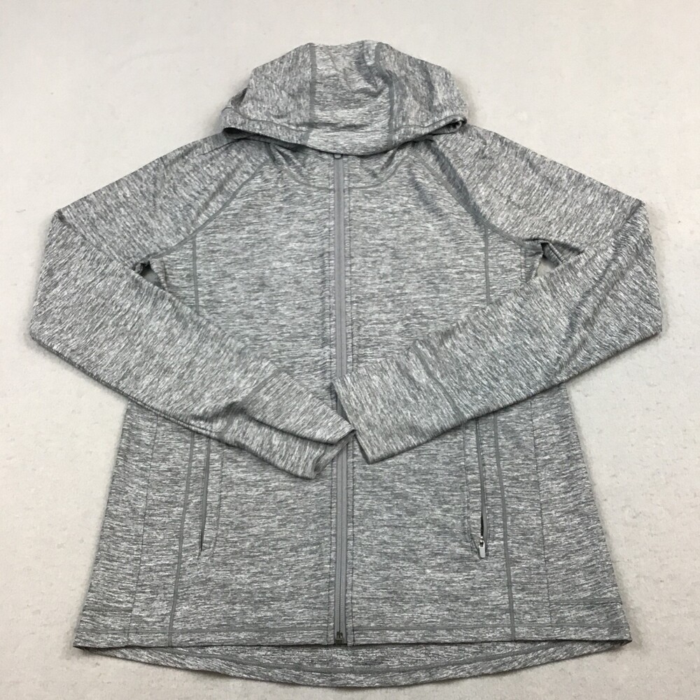 Athleta Jacket Women Small Gray Heather Full Zip Hooded Pockets Stretch Nylon S